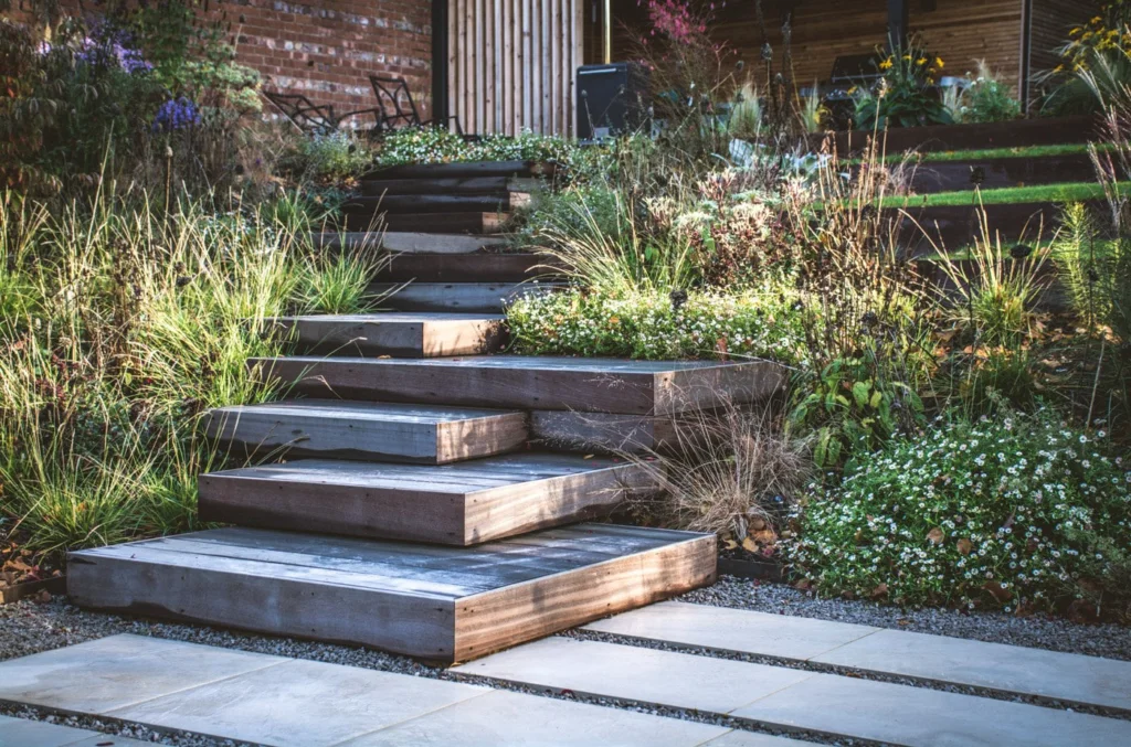 Wide timber steps leading through a planted, multi-level garden.