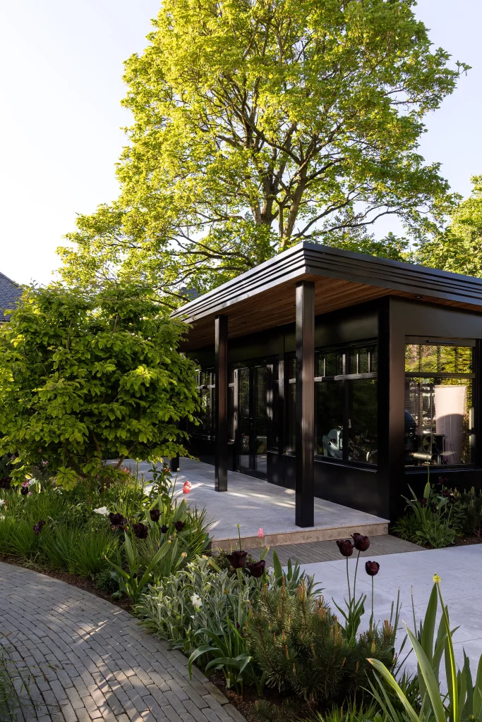 Curved path and tulip planting beside sleek black garden pavilion.