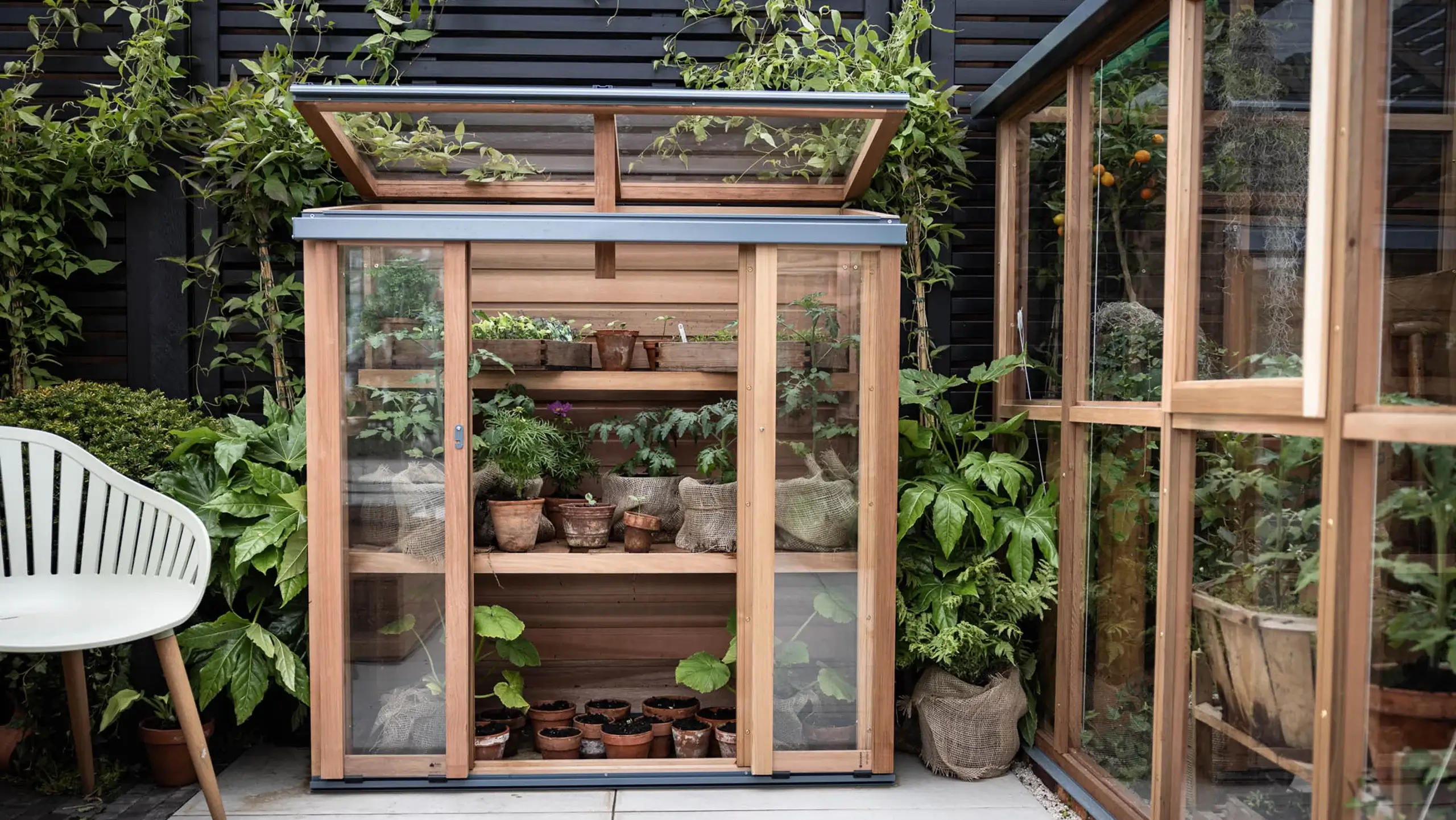 Compact wooden cold frame filled with seedlings and potted plants.