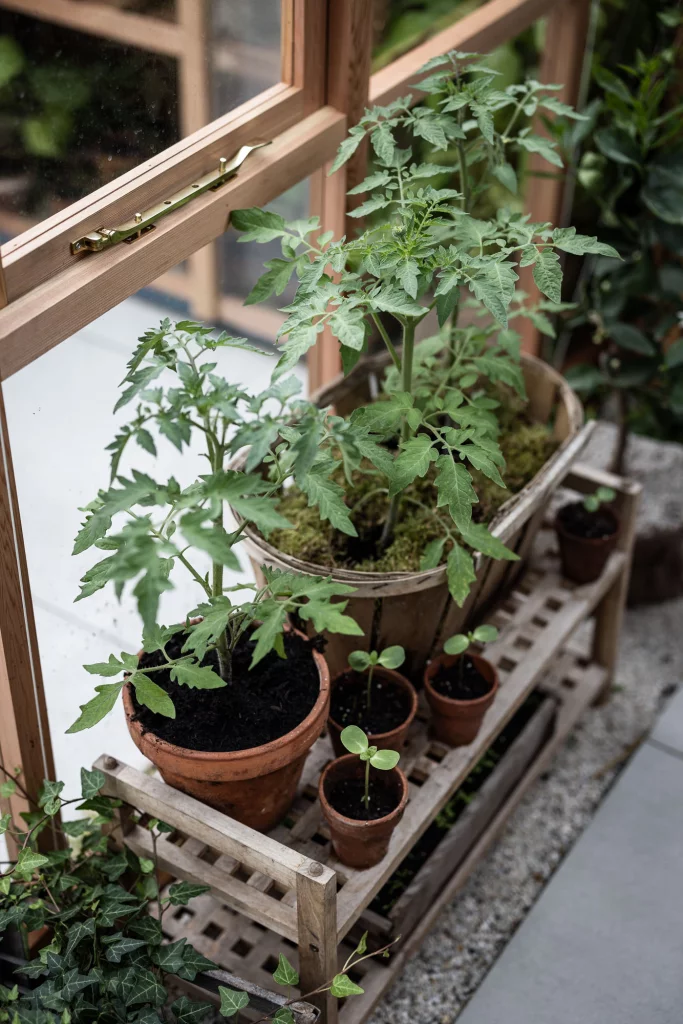 Potted tomato plants on a wooden shelf inside a greenhouse.