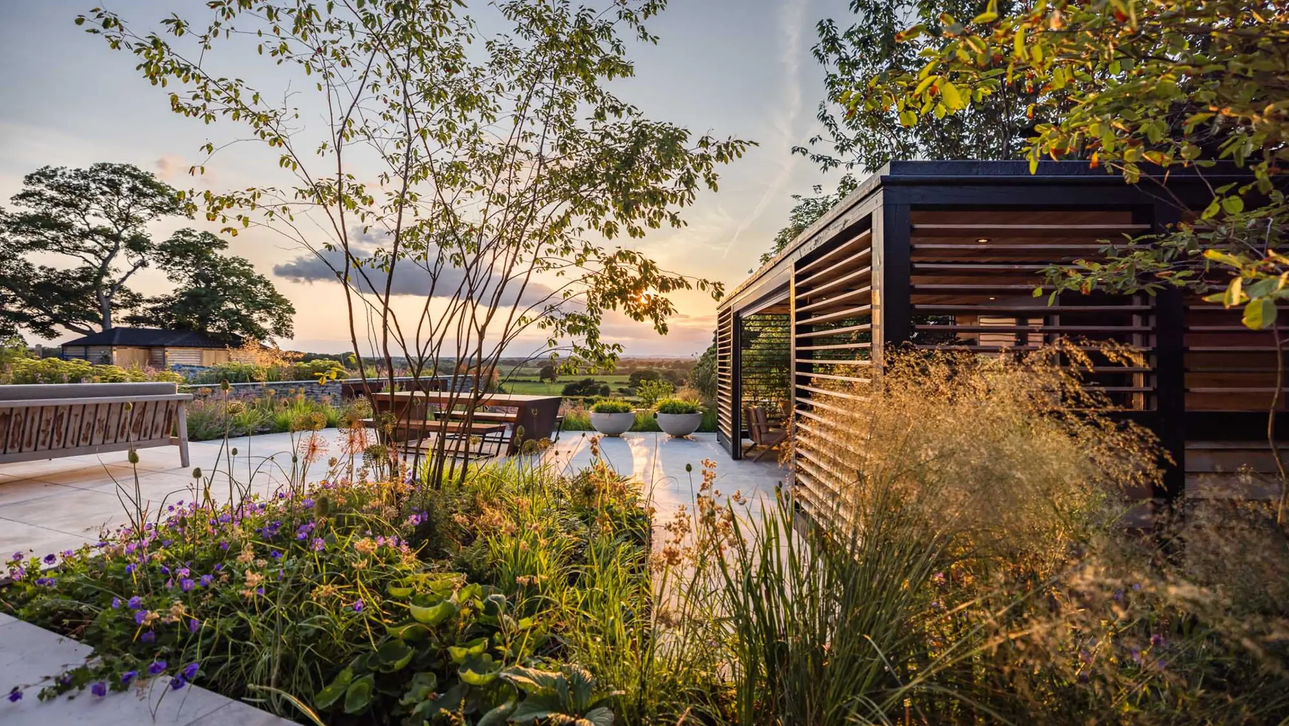 Contemporary terrace with lush planting and sunset views over countryside.