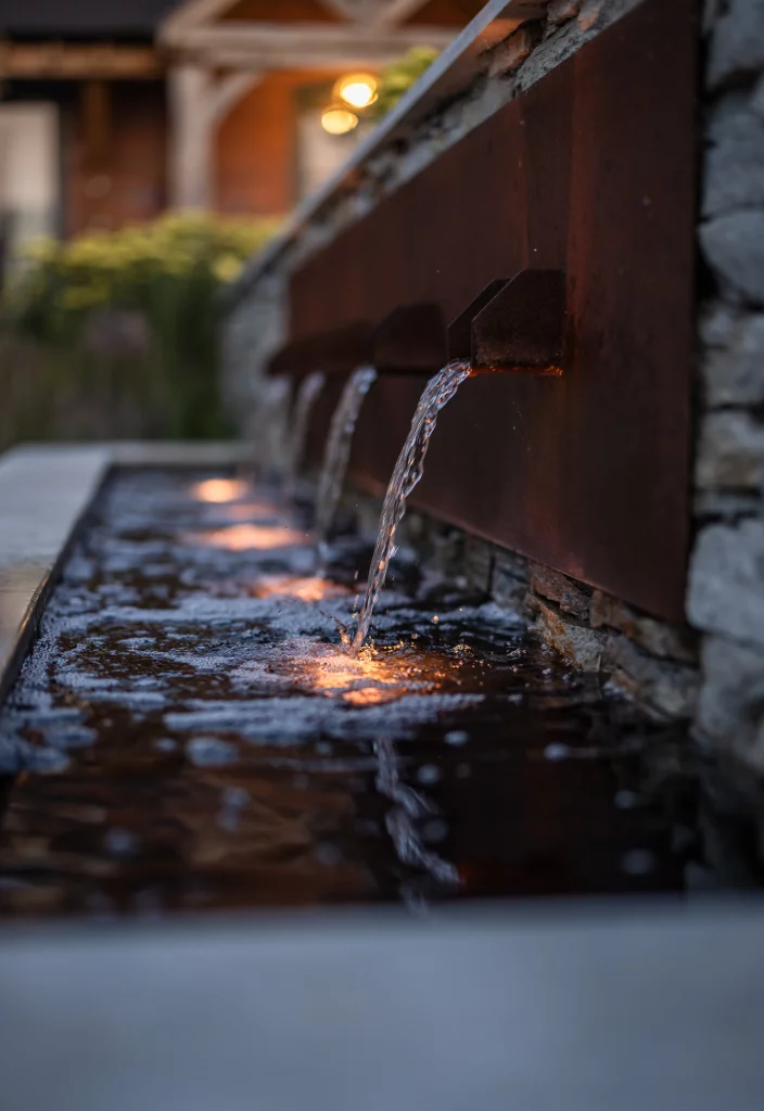 Close-up of a corten steel garden water feature.